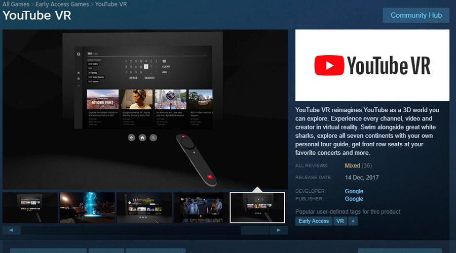 Youtube est disponible sur les casque VR PC